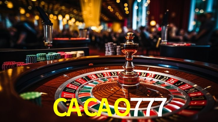 Una escena digital vívida inspirada en casino con CACAO777 mostrado prominentemente, luces brillantes, fichas, cartas y acentos dorados.