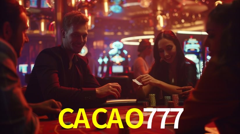 Escena dinámica inspirada en casino con iluminación CACAO777, cartas, fichas e íconos de juegos digitales en un espacio moderno de juegos.